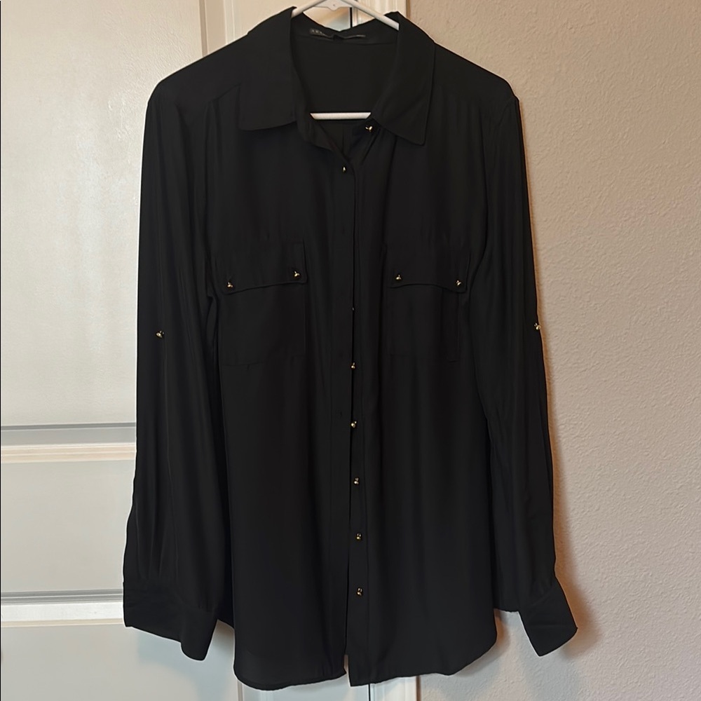 Antonio Melani women’s Black Button-Up sheer blouse size L
